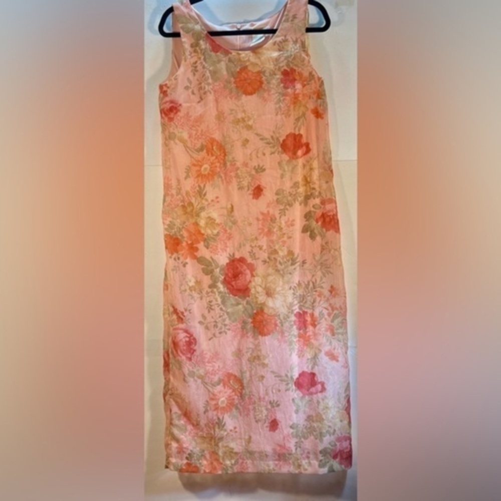 FLORAL DRESS WITH PINK TOP WATERCOLOR CRINKLE CHIFFON SLEEVELESS SIZE 12 - Picture 4 of 7